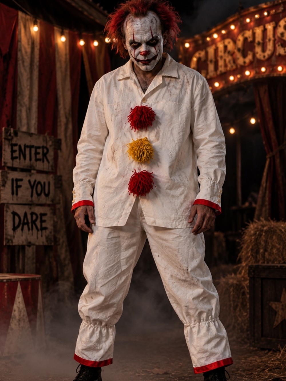 Adult Scary Clown Costume XL Upcycled Handmade White Red Pom Pom Halloween 2 Pc